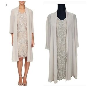 Alex Evenings Dress Sz 6P V-Neck Sheath With Longline Chiffon Jacket Taupe NWT